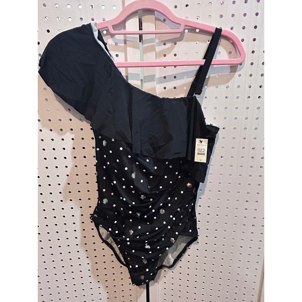 NWT Talbots Women's One Shoulder Ruffle Polka Dot & Shells Swimsuit Size 12